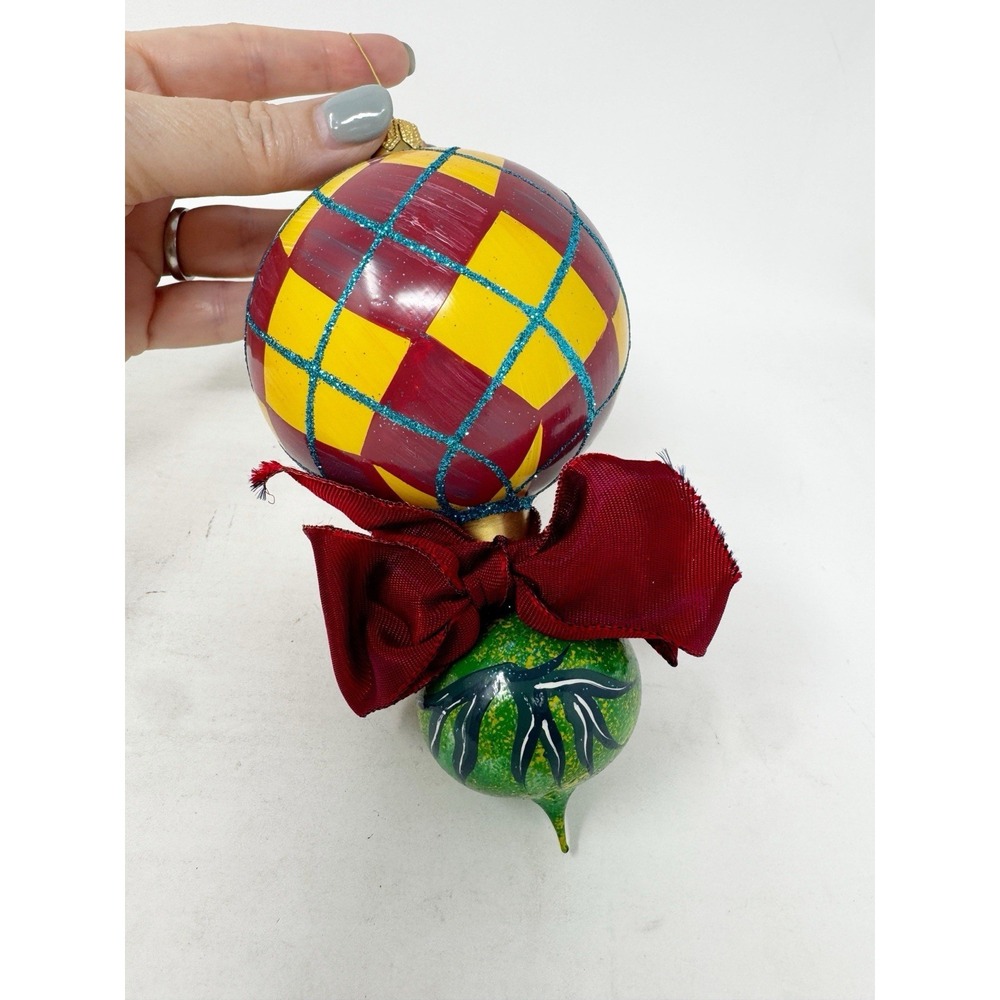 Vintage MACKENZIE CHILDS Christmas Ornament Plaid Double Drop Floral POLAND